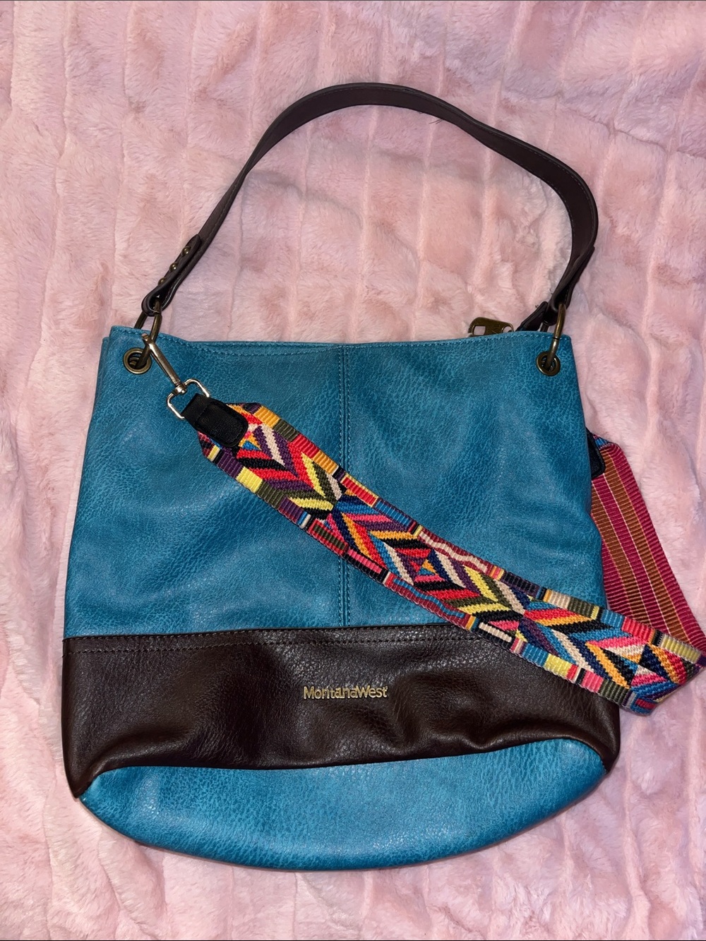 Montana West Teal and Brown Shoulder Bag with Colorful Woven Strap